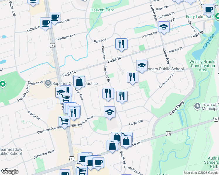 map of restaurants, bars, coffee shops, grocery stores, and more near 356 Sandford Street in Newmarket