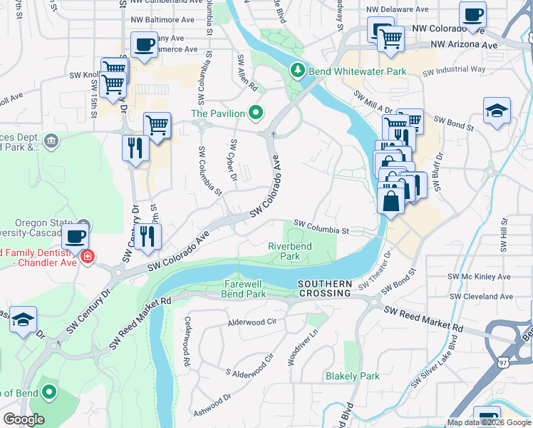 map of restaurants, bars, coffee shops, grocery stores, and more near 650 Southwest Columbia Street in Bend