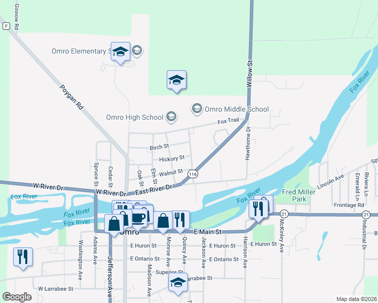 map of restaurants, bars, coffee shops, grocery stores, and more near 610 Pine Street in Omro