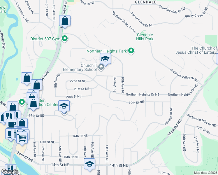 map of restaurants, bars, coffee shops, grocery stores, and more near 2119 9th Avenue Northeast in Rochester