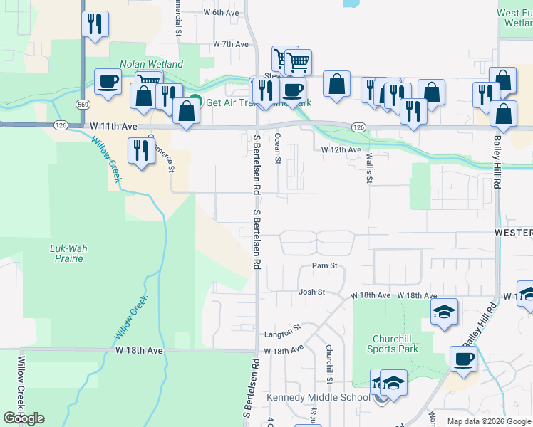 map of restaurants, bars, coffee shops, grocery stores, and more near 1369 South Bertelsen Road in Eugene