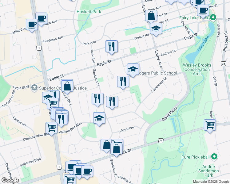 map of restaurants, bars, coffee shops, grocery stores, and more near 199 Hodgson Drive in Newmarket