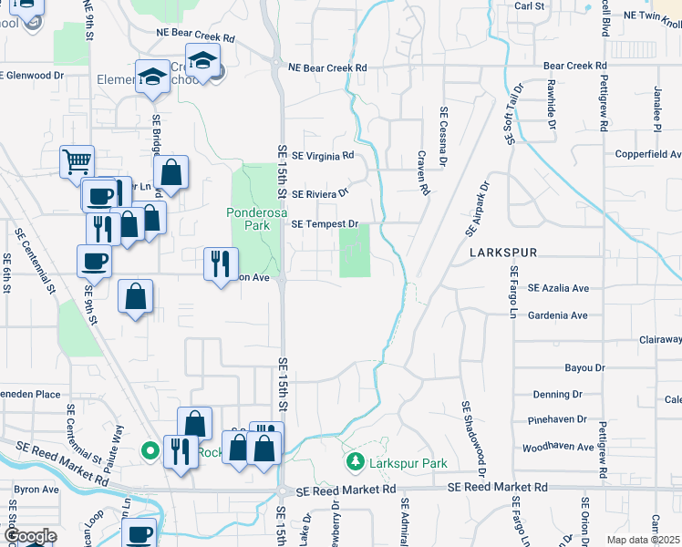 map of restaurants, bars, coffee shops, grocery stores, and more near 1707 SE Tempest St in Bend