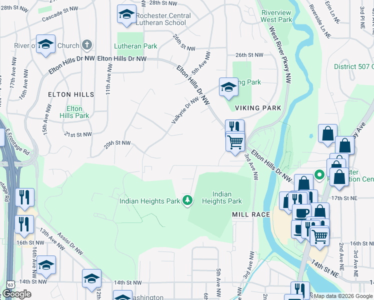 map of restaurants, bars, coffee shops, grocery stores, and more near 607 19th Street Northwest in Rochester