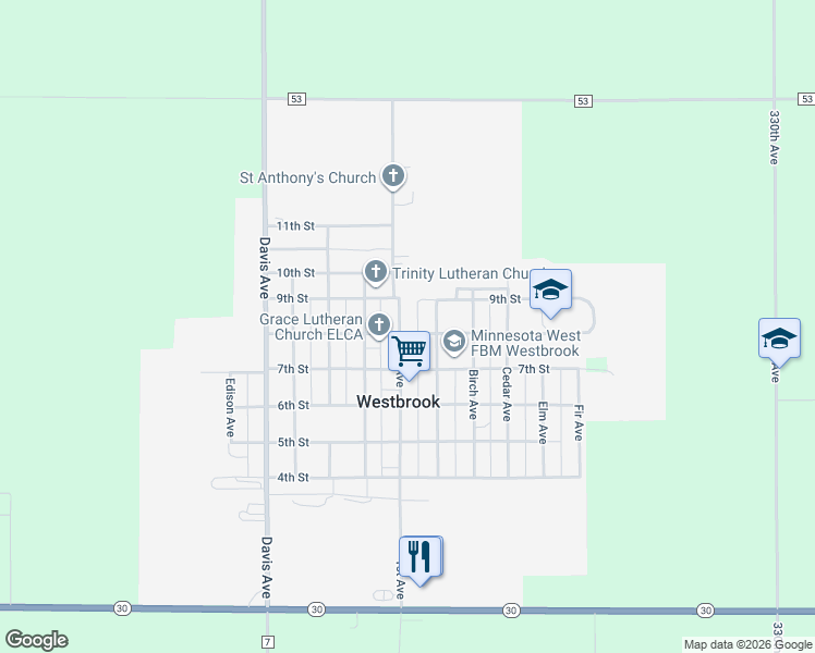 map of restaurants, bars, coffee shops, grocery stores, and more near 803 1st Avenue in Westbrook