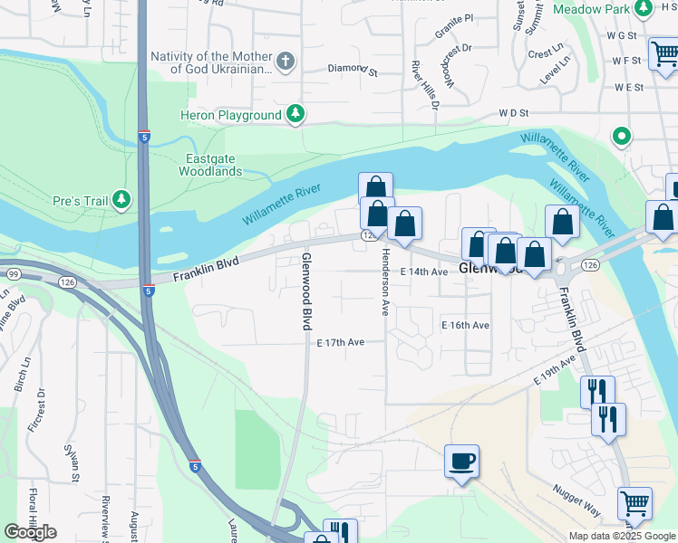 map of restaurants, bars, coffee shops, grocery stores, and more near 3445 East 14th Avenue in Eugene