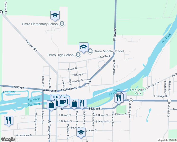 map of restaurants, bars, coffee shops, grocery stores, and more near 610 Pine Street in Omro