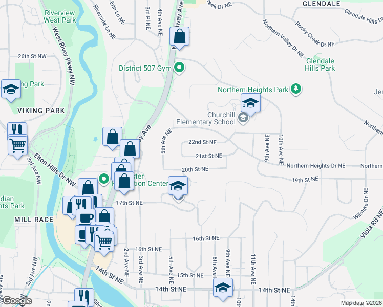 map of restaurants, bars, coffee shops, grocery stores, and more near 529 21st Street Northeast in Rochester