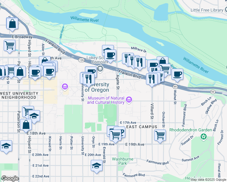 map of restaurants, bars, coffee shops, grocery stores, and more near 1412 Agate Street in Eugene