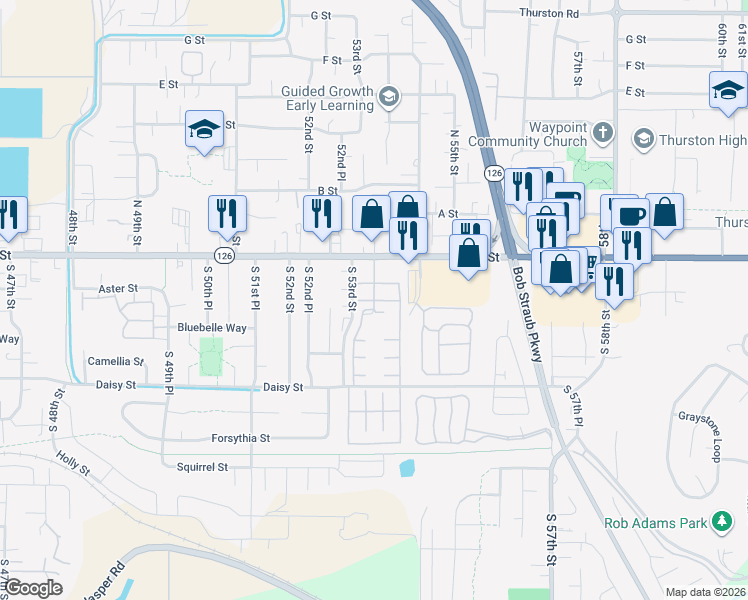 map of restaurants, bars, coffee shops, grocery stores, and more near Oak Court in Springfield