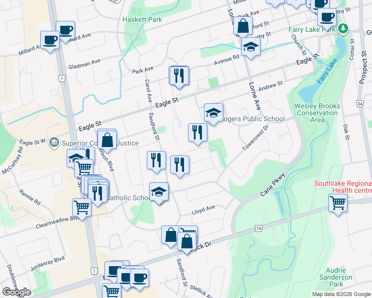 map of restaurants, bars, coffee shops, grocery stores, and more near 201 Hodgson Drive in Newmarket