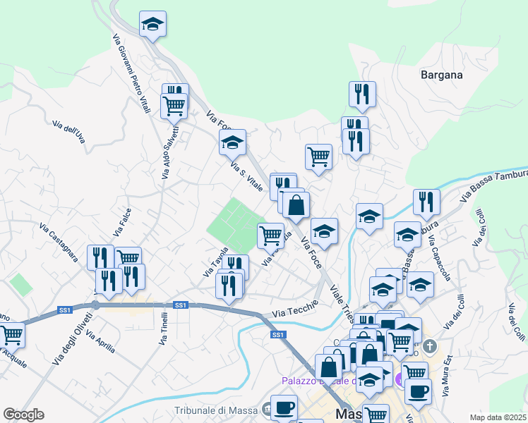 map of restaurants, bars, coffee shops, grocery stores, and more near 2 Viale del Cimitero in Massa