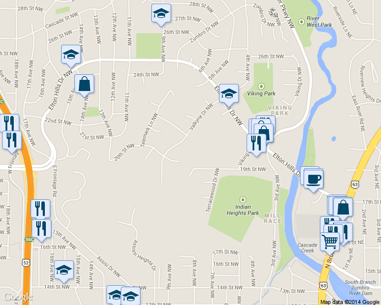 map of restaurants, bars, coffee shops, grocery stores, and more near 805 Woodgate Lane Northwest in Rochester