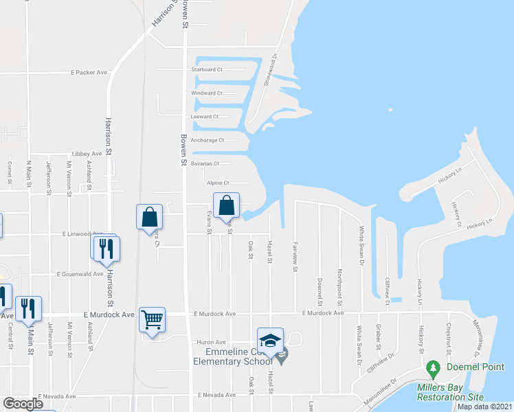 map of restaurants, bars, coffee shops, grocery stores, and more near 1067 Greenwood Court in Oshkosh