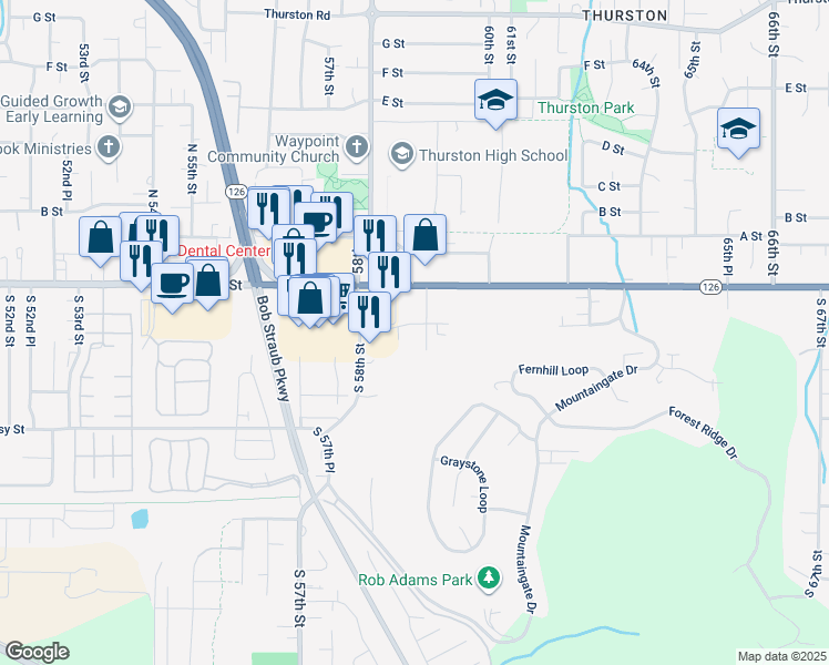 map of restaurants, bars, coffee shops, grocery stores, and more near 5811 Aster Street in Springfield