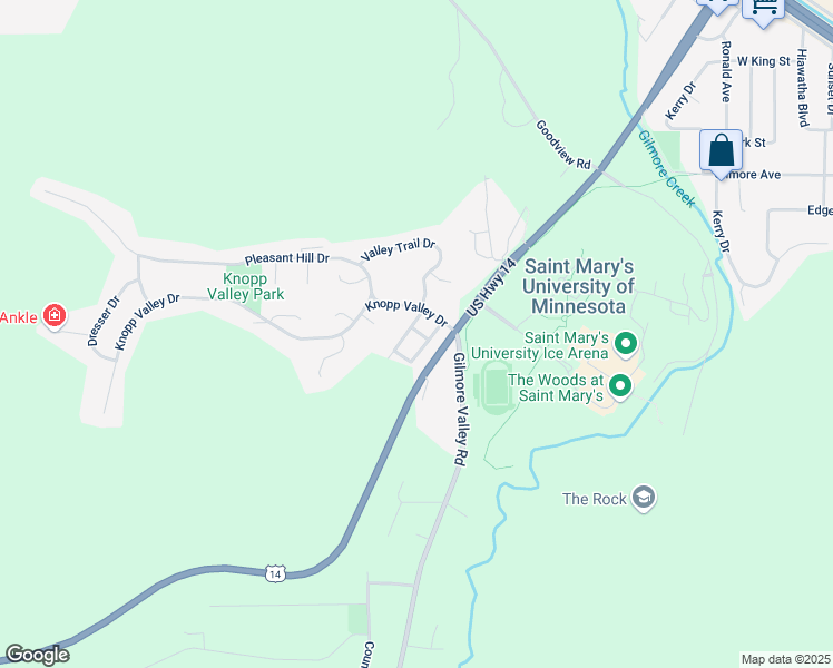 map of restaurants, bars, coffee shops, grocery stores, and more near 64 Brickyard Lane in Winona