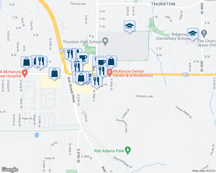 map of restaurants, bars, coffee shops, grocery stores, and more near 5809 Aster Street in Springfield