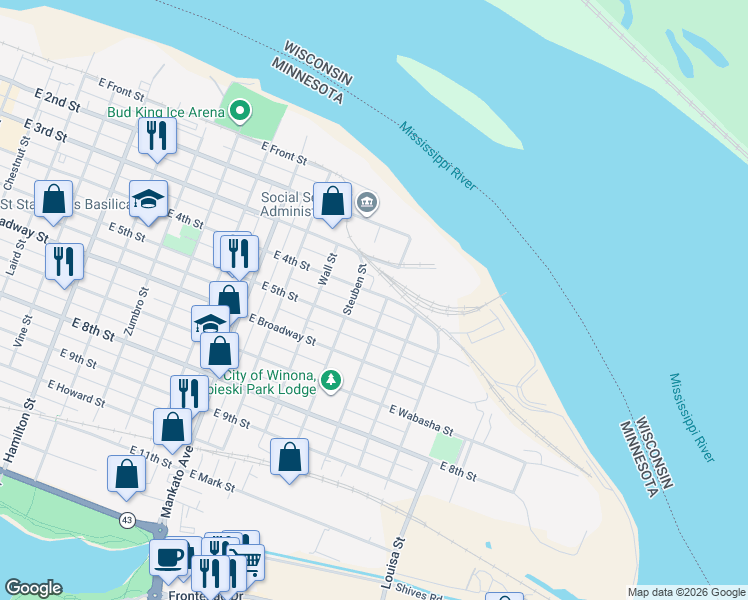 map of restaurants, bars, coffee shops, grocery stores, and more near 971 East 4th Street in Winona
