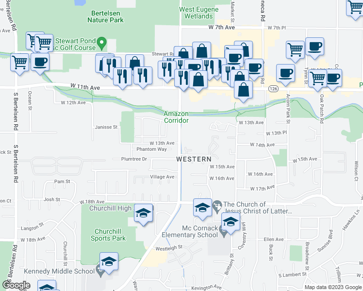 map of restaurants, bars, coffee shops, grocery stores, and more near 1503 Bailey Hill Road in Eugene