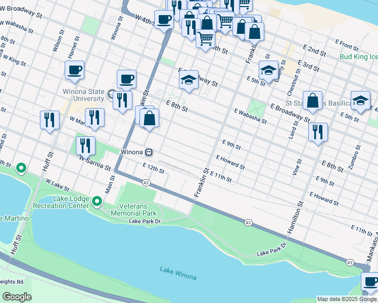 map of restaurants, bars, coffee shops, grocery stores, and more near 165 East Howard Street in Winona