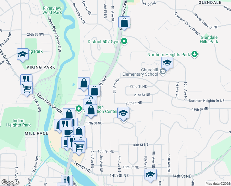 map of restaurants, bars, coffee shops, grocery stores, and more near 504 21st Street Northeast in Rochester