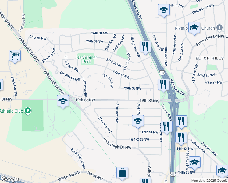 map of restaurants, bars, coffee shops, grocery stores, and more near 2112 20th St NW in Rochester