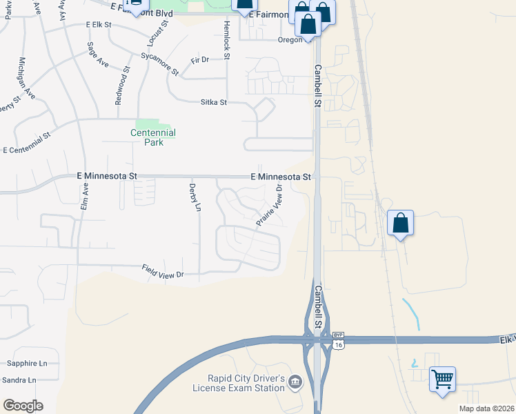 map of restaurants, bars, coffee shops, grocery stores, and more near 1220 Clover Ridge Drive in Rapid City