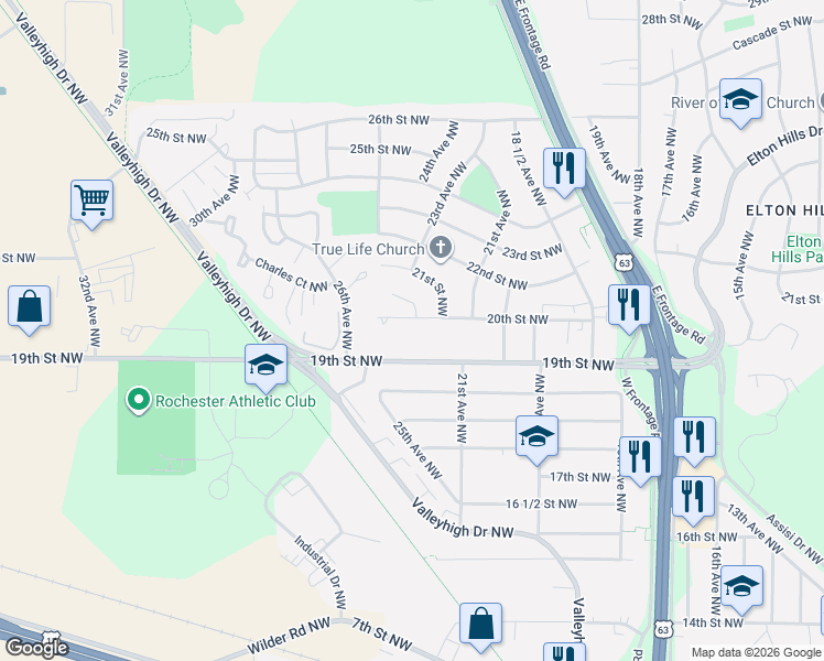 map of restaurants, bars, coffee shops, grocery stores, and more near 2306 20th Street Northwest in Rochester