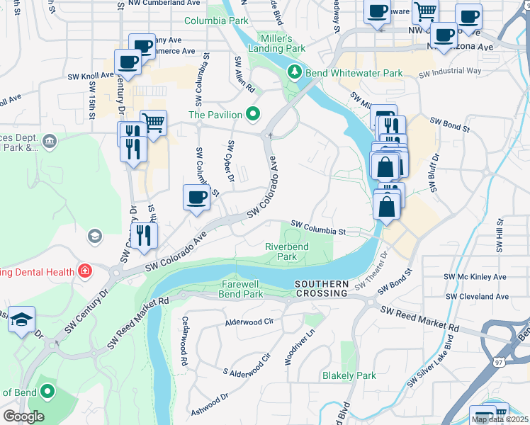 map of restaurants, bars, coffee shops, grocery stores, and more near 650 Southwest Columbia Street in Bend