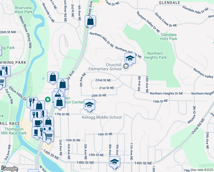 map of restaurants, bars, coffee shops, grocery stores, and more near 607 21st Street Northeast in Rochester