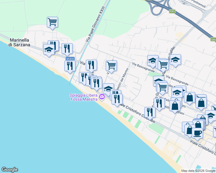 map of restaurants, bars, coffee shops, grocery stores, and more near 53 Via Comano in Marina di Carrara