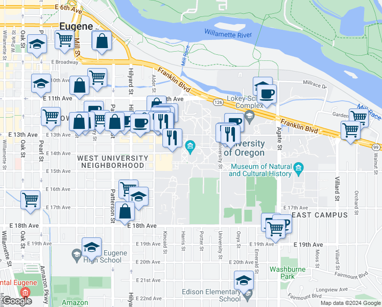 map of restaurants, bars, coffee shops, grocery stores, and more near 1430 Johnson Lane in Eugene
