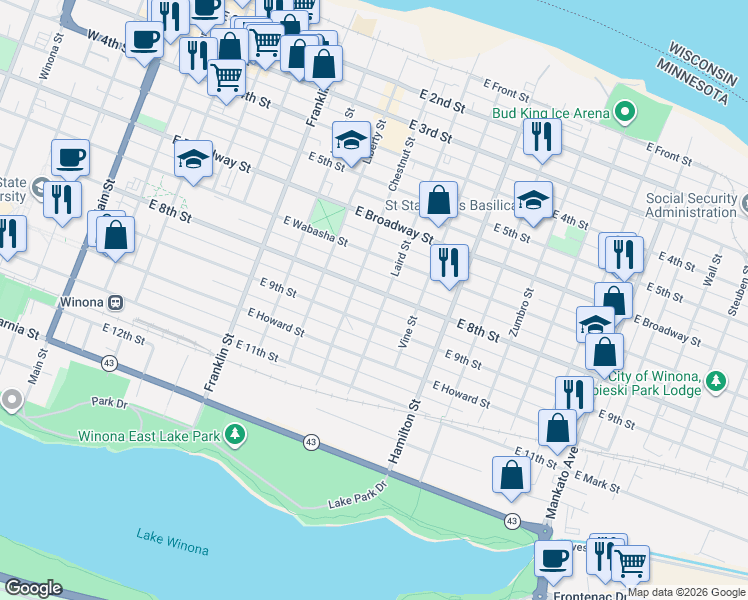 map of restaurants, bars, coffee shops, grocery stores, and more near 421 East 8th Street in Winona