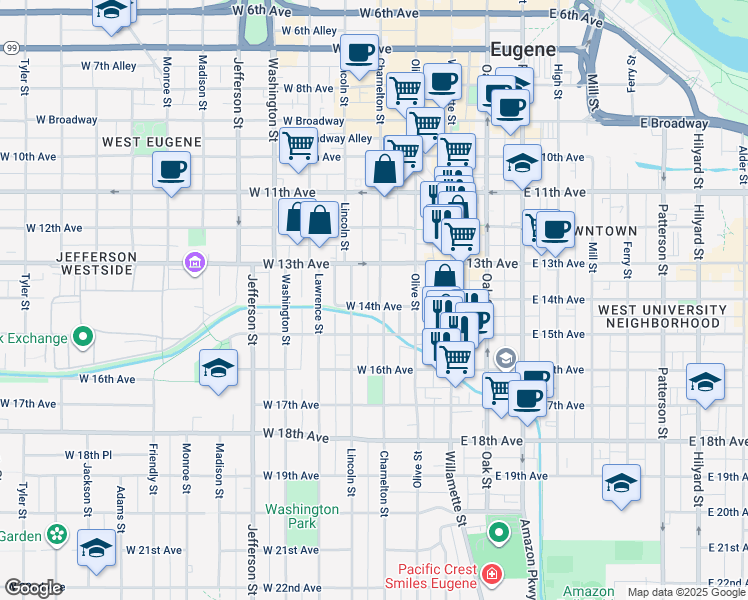 map of restaurants, bars, coffee shops, grocery stores, and more near in Eugene