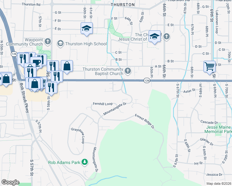 map of restaurants, bars, coffee shops, grocery stores, and more near 6313 Aster Street in Springfield