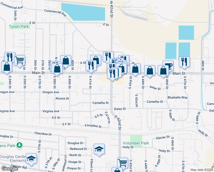 map of restaurants, bars, coffee shops, grocery stores, and more near 232 South 42nd Street in Springfield