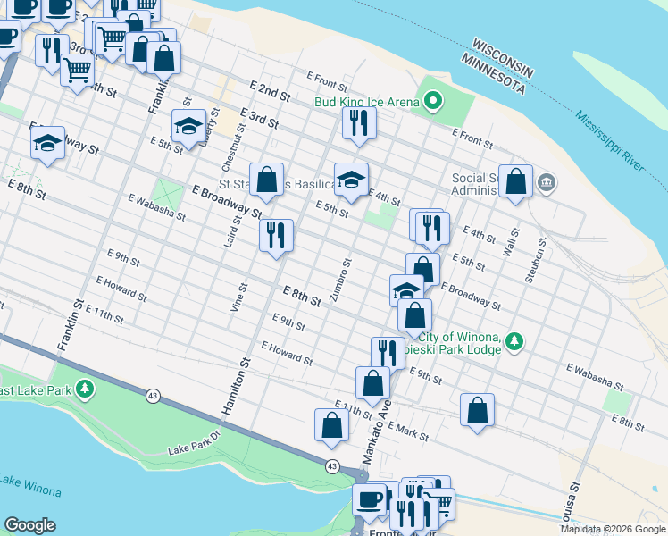 map of restaurants, bars, coffee shops, grocery stores, and more near 622 East Wabasha Street in Winona