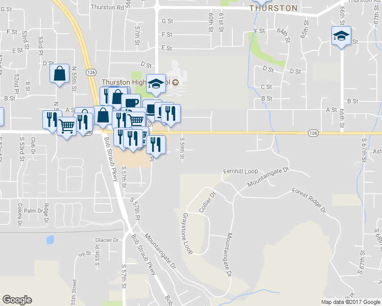 map of restaurants, bars, coffee shops, grocery stores, and more near 5951 Aster Street in Springfield