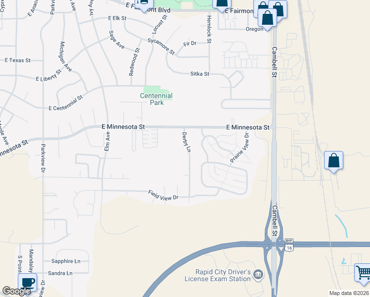map of restaurants, bars, coffee shops, grocery stores, and more near 4033 Derby Lane in Rapid City