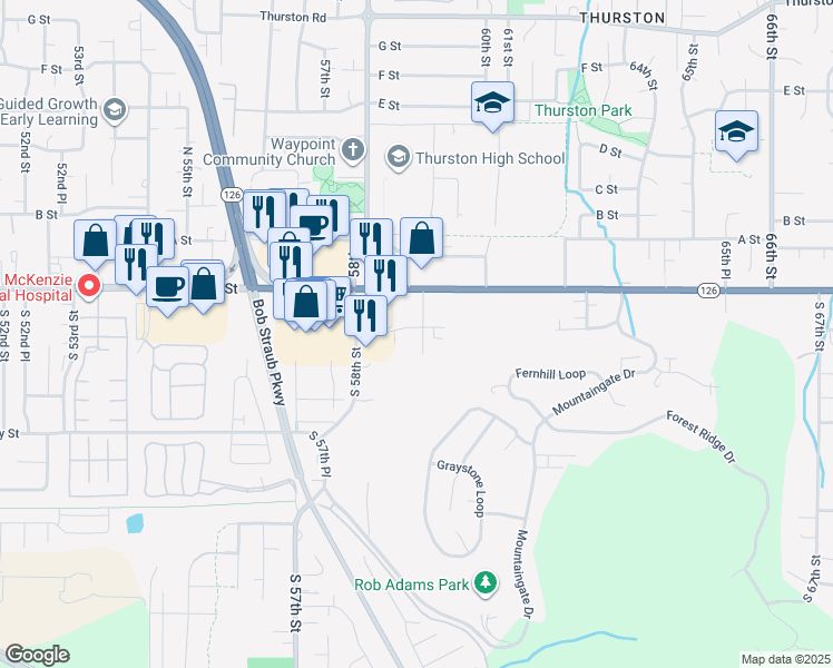 map of restaurants, bars, coffee shops, grocery stores, and more near 5887 Main Street in Springfield