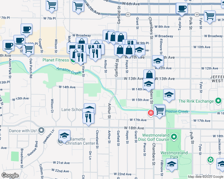 map of restaurants, bars, coffee shops, grocery stores, and more near 1387 Arthur Street in Eugene