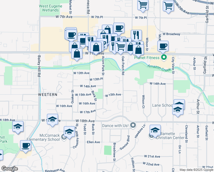 map of restaurants, bars, coffee shops, grocery stores, and more near 1387 Acorn Park Street in Eugene