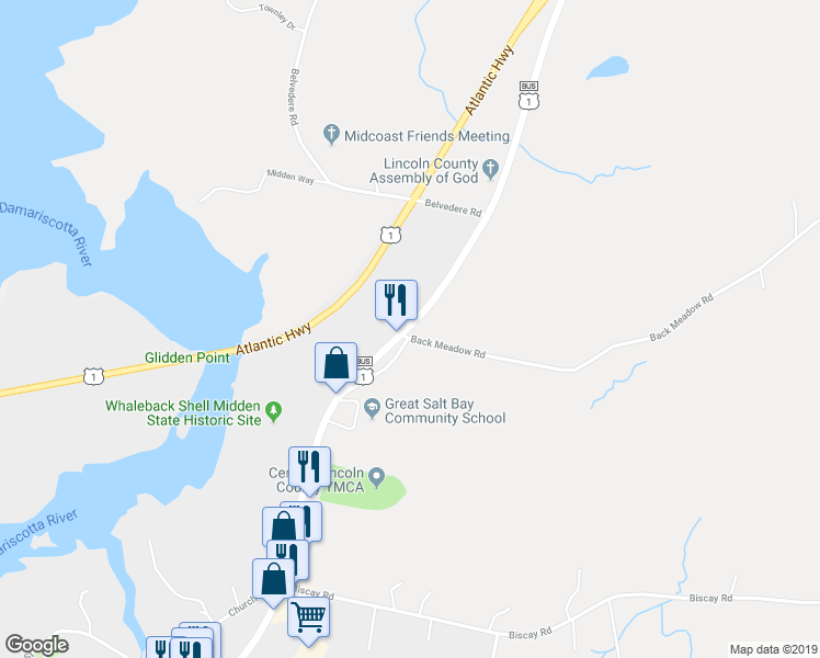 map of restaurants, bars, coffee shops, grocery stores, and more near 95 Main Street in Damariscotta