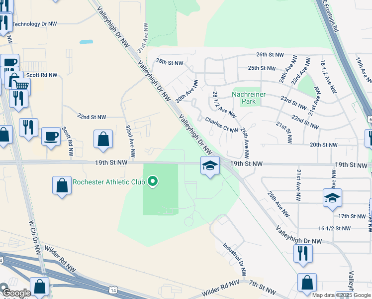 map of restaurants, bars, coffee shops, grocery stores, and more near Douglas Trail in Rochester