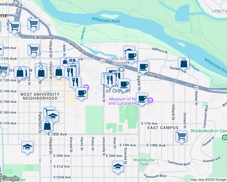 map of restaurants, bars, coffee shops, grocery stores, and more near 1352 Onyx Street in Eugene