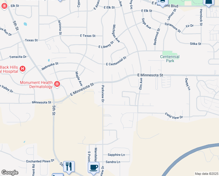 map of restaurants, bars, coffee shops, grocery stores, and more near 4121 Winfield Court in Rapid City