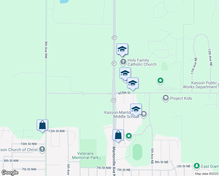 map of restaurants, bars, coffee shops, grocery stores, and more near 1207 Mantorville Avenue North in Kasson