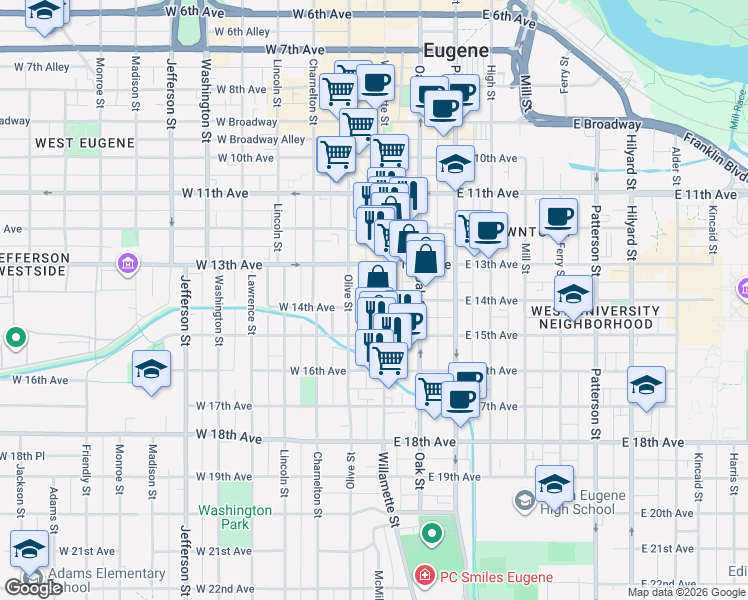 map of restaurants, bars, coffee shops, grocery stores, and more near 1388 Willamette Street in Eugene