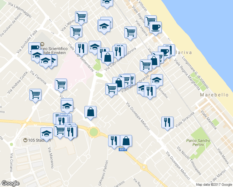 map of restaurants, bars, coffee shops, grocery stores, and more near 38 Viale delle Rimembranze in Rimini