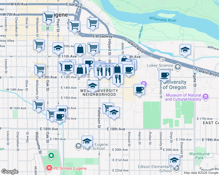 map of restaurants, bars, coffee shops, grocery stores, and more near Hilyard St & E 14th Ave in Eugene